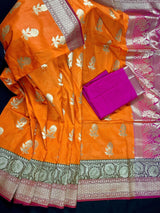Orange with Olive Green and Pink Color combination Traditional Handloom Banarasi Saree with wide Borders - Kaash