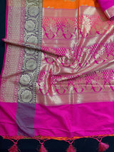 Orange with Olive Green and Pink Color combination Traditional Handloom Banarasi Saree with wide Borders - Kaash