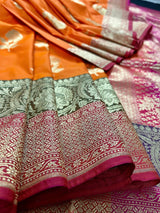 Orange with Olive Green and Pink Color combination Traditional Handloom Banarasi Saree with wide Borders - Kaash