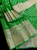 Parrot Green Color Banarasi Semi Georgette Silk Saree | Banarasi Saree | Georgette Sarees | Semi Georgette Sarees Muted Gold Zari Weave - Kaash