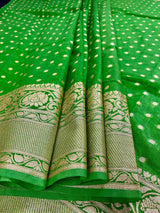 Parrot Green Color Banarasi Semi Georgette Silk Saree | Banarasi Saree | Georgette Sarees | Semi Georgette Sarees Muted Gold Zari Weave - Kaash