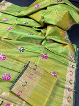 Silk Mark Certified Parrot Green Double-Tone Pure Tussar saree in pure tussar silk with floral meenakari work with handwoven detail — Kaash Collection