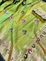 Silk Mark Certified Parrot Green Double-Tone Pure Tussar saree in pure tussar silk with floral meenakari work with handwoven detail — Kaash Collection