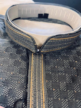 Grey men's kurta pajama in soft silk (non-pure) with tiny sequin with embossed self-design — Kaash Collection