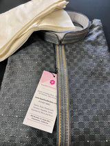 Grey men's kurta pajama in soft silk (non-pure) with tiny sequin with embossed self-design — Kaash Collection