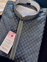 Grey men's kurta pajama in soft silk (non-pure) with tiny sequin with embossed self-design — Kaash Collection