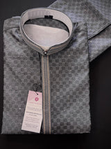 Party Wear Designer Men Kurta Set in Grey Color with tiny Sequin and Embossed Self Design in Soft Silk Material | Mens Wedding Ethnic Wear - Kaash