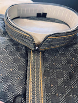 Party Wear Designer Men Kurta Set in Grey Color with tiny Sequin and Embossed Self Design in Soft Silk Material | Mens Wedding Ethnic Wear - Kaash