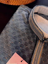 Party Wear Designer Men Kurta Set in Grey Color with tiny Sequin and Embossed Self Design in Soft Silk Material | Mens Wedding Ethnic Wear - Kaash