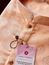 Pastel Light Peach men's kurta pajama in soft banarasi silk with silver zari buttas weaving — Kaash Collection