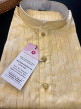 Pastel Light Yellow men's kurta pajama in cotton silk with digital prints with zari stripes — Kaash Collection