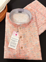 Pastel Peach Designer Kurta with Floral Digital Print in Soft Butter Silk with Thread and Sequence Work | Mens Ethnic Wear | Kurta Store - Kaash