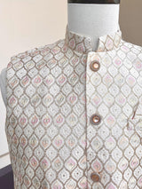 Pastel Pearl Off White men's Nehru/Modi jacket in silk (non-pure) with embroidery, thread & sequin work — Kaash Collection