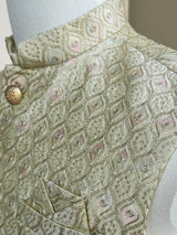 Pastel Pista Green men's Nehru/Modi jacket in silk (non-pure) with embroidery, thread & sequin work — Kaash Collection