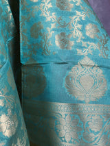 Pastel Sea Blue Benarasi Handwoven Semi Silk Dupatta with Muted Gold Zari Floral Jaal Weaving - Kaash