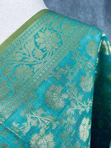 Pastel Sea Blue Benarasi Handwoven Semi Silk Dupatta with Muted Gold Zari Floral Jaal Weaving - Kaash