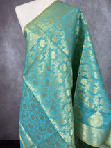 Pastel Sea Blue Benarasi Handwoven Semi Silk Dupatta with Muted Gold Zari Floral Jaal Weaving - Kaash