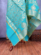 Pastel Sea Blue Benarasi Handwoven Semi Silk Dupatta with Muted Gold Zari Floral Jaal Weaving | Dupatta | Stole | Dupattas for Wedding - Kaash