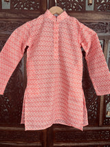 Peach Color Cotton Kurta Pajama Set for Boys with Lucknowi Chikankari Work - Kaash