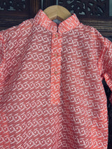 Peach Color Cotton Kurta Pajama Set for Boys with Lucknowi Chikankari Work - Kaash