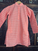 Peach Color Cotton Kurta Pajama Set for Boys with Lucknowi Chikankari Work - Kaash