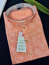 Peach Color Cotton Silk Kurta with Digital Prints and Zari Stripes | Mens Kurta Pajama Set | Mens Ethnic Wear - Kaash