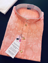 Peach Color Cotton Silk Kurta with Digital Prints and Zari Stripes | Mens Kurta Pajama Set | Mens Ethnic Wear - Kaash