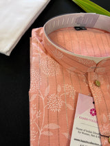 Peach Color Cotton Silk Kurta with Digital Prints and Zari Stripes | Mens Kurta Pajama Set | Mens Ethnic Wear - Kaash