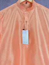 Peach Color Raw Silk Indian Men Short Kurta - Kaash