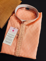 Peach Color Raw Silk Men Kurta Pajama Set with embroidery neckline | Mens Ethnic Wear| Indian and Pakistani Mens Wear | Kurta Pajama Sets - Kaash