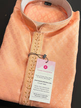 Peach Color Raw Silk Men Kurta Pajama Set with embroidery neckline | Mens Ethnic Wear| Indian and Pakistani Mens Wear | Kurta Pajama Sets - Kaash