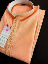 Peach Color Raw Silk Men Kurta Pajama Set with embroidery neckline | Mens Ethnic Wear| Indian and Pakistani Mens Wear | Kurta Pajama Sets - Kaash