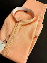 Peach Color Raw Silk Men Kurta Pajama Set with embroidery neckline | Mens Ethnic Wear| Indian and Pakistani Mens Wear | Kurta Pajama Sets - Kaash