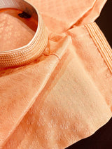 Peach Color Raw Silk Men Kurta Pajama Set with embroidery neckline | Mens Ethnic Wear| Indian and Pakistani Mens Wear | Kurta Pajama Sets - Kaash