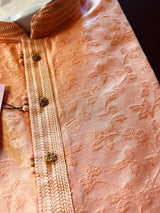 Peach men's kurta pajama in raw silk with floral self-embroidery on front, back & sleeves — Kaash Collection