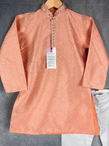 Peach Soft Silk Kurta Pajama for Boys in Self Embroidery, mirror & Zari Work | Kids Festive Wear | Kids Wear | Boys Ethnic Wear | Kids Wear - Kaash