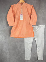 Peach Soft Silk with Self-Embroidery & Mirror 2-piece kurta pajama set for boys with self-embroidery, silver zari & mirror — Kaash Collection