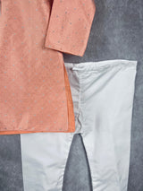 Peach Soft Silk with Self-Embroidery & Mirror 2-piece kurta pajama set for boys with self-embroidery, silver zari & mirror — Kaash Collection