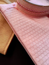 Pink men's kurta pajama in soft silk with small embroidery buttis with neckline detail — Kaash Collection