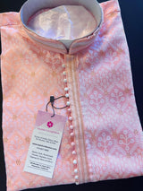Pink men's kurta pajama in soft silk with zari weave designer pattern — Kaash Collection