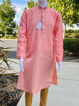 Pink men's kurta pajama in soft silk (non-pure) with self-embroidered floral pattern — Kaash Collection