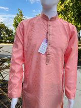 Pink men's kurta pajama in soft silk (non-pure) with self-embroidered floral pattern — Kaash Collection