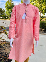 Pink men's kurta pajama in soft silk (non-pure) with self-embroidered floral pattern — Kaash Collection