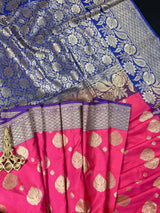 Pink with Blue Banarasi saree in banarasi silk with traditional floral with 7.5" border — Kaash Collection