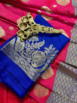 Pink with Blue Traditional Banarasi Handloom Saree | Floral Design | Soft Silk Saree | Banarasi Silk Saree | Kaash Collection - Kaash