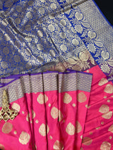 Pink with Blue Traditional Banarasi Handloom Saree | Floral Design | Soft Silk Saree | Banarasi Silk Saree | Kaash Collection - Kaash