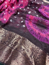 Pink with Brown Borders 90-Count Linen saree in 90 count linen with elephant & peacock motifs with brown borders — Kaash Collection