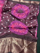 Pink with brown borders 90 count Linen Saree - Kaash