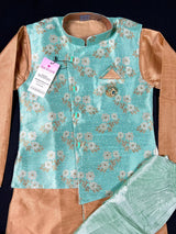 Pista Green Boys 3pcs 3-piece kurta pajama set for boys with floral jacket with brooch & balloon dhoti — Kaash Collection