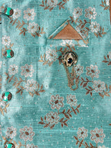 Pista Green Boys 3pcs 3-piece kurta pajama set for boys with floral jacket with brooch & balloon dhoti — Kaash Collection